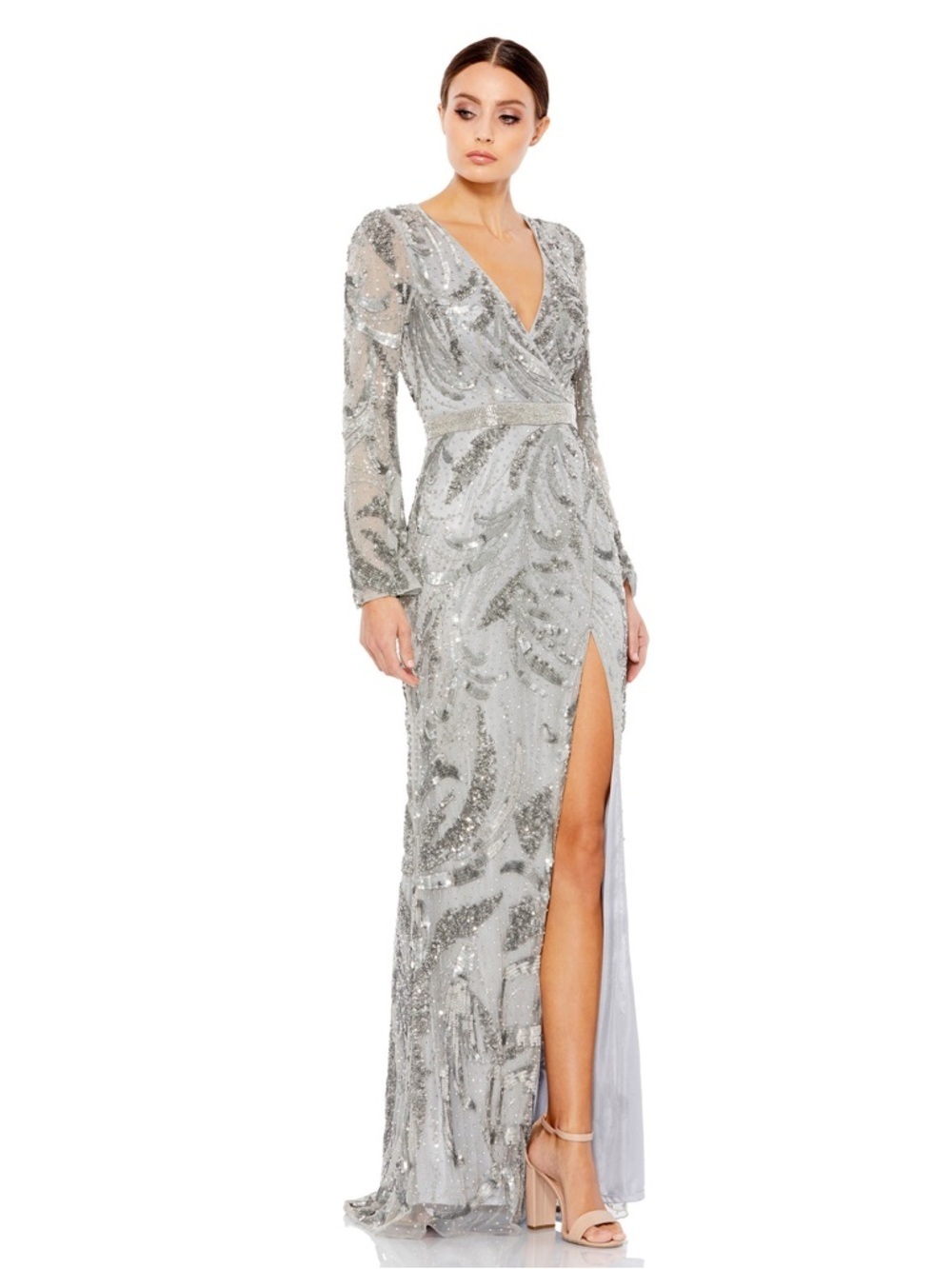 Mac Duggal 5222 Gray Sequined Faux Wrap Split Long Sleeve Gown Size 10 NWT